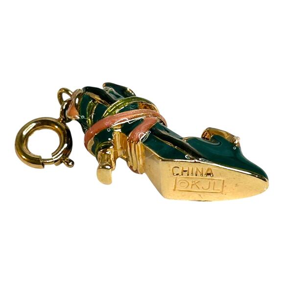 Kenneth Jay Lane (KJL) Calla Lily Enamel High Heel Shoe Charm Green Pink Gold - Picture 6 of 8